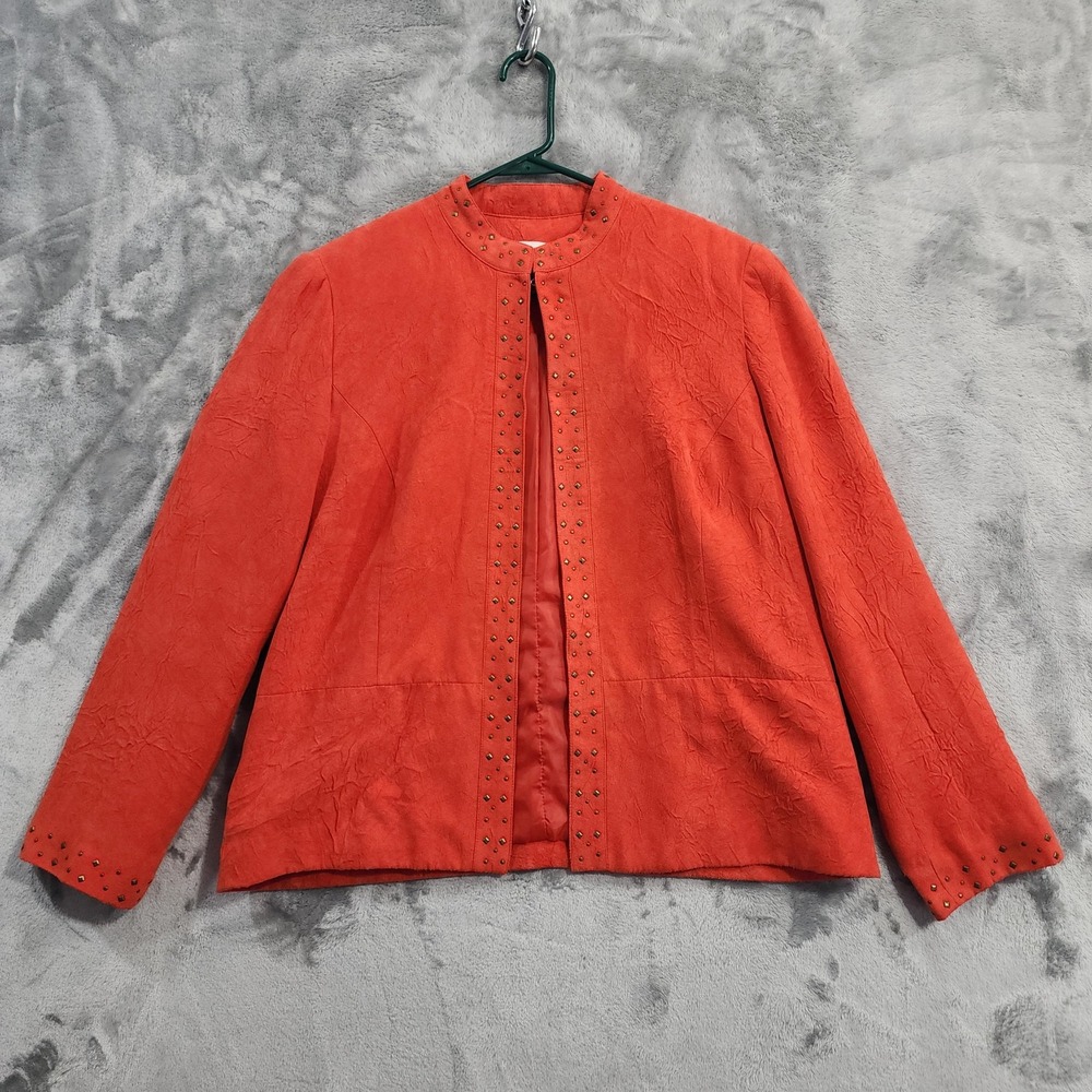 Vintage Alfred Dunner Jacket Womens 12 Orange Crinkled Faux Suede Studded Preppy